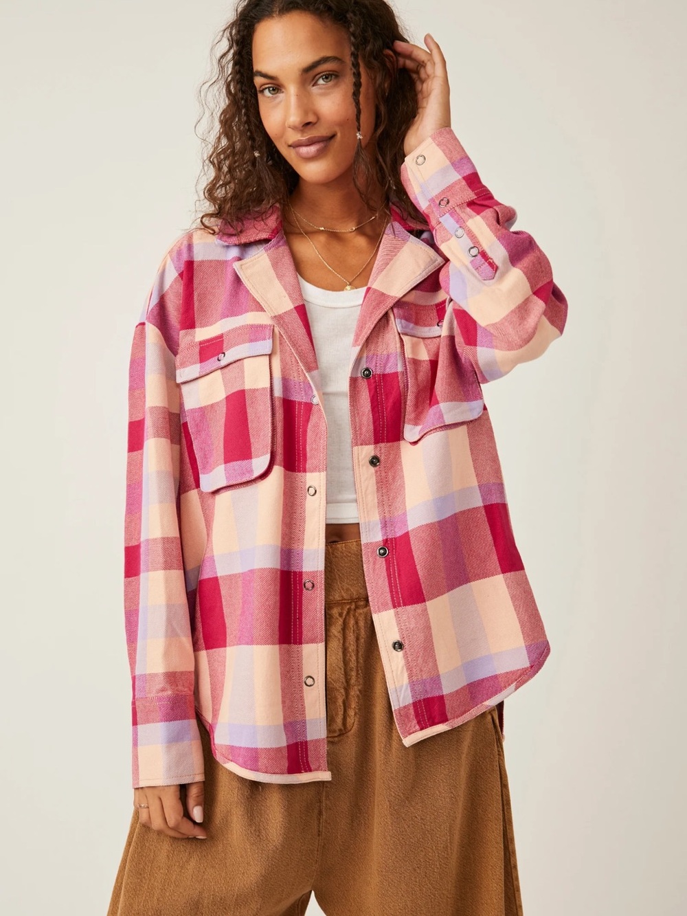 Free people we the free size S oversized pinks plaid shirt